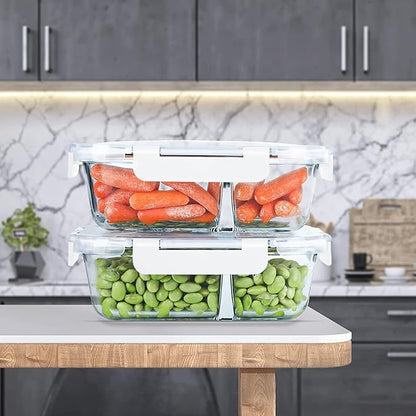 KOMUEE 10 Packs 30oz Glass Meal Prep Containers 2 Compartments,Glass Food Storage Containers with Lids,Airtight Lunch Bento Boxes,Oven,Freezer and Dishwasher Safe, White
