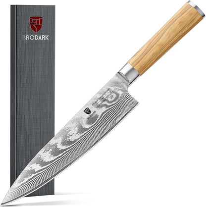 Damascus Chef Knife 8 Inch:Japanese Kitchen Knife with VG10 Steel Core,Ultra Sharp Professional Chef's Knife,Olive Wood Handle,High Carbon Stainless Steel Cooking Knife,Gift Box