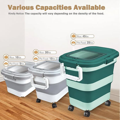 Komzon Rice Storage Container, Collapsible Airtight 10-40 Lb Rice Storage Container, 25lb Pet Dog Food Storage Container, Rice Dispenser Bin with Cup and Scoop for Flour Cereal Pasta Grain, Cat Bird