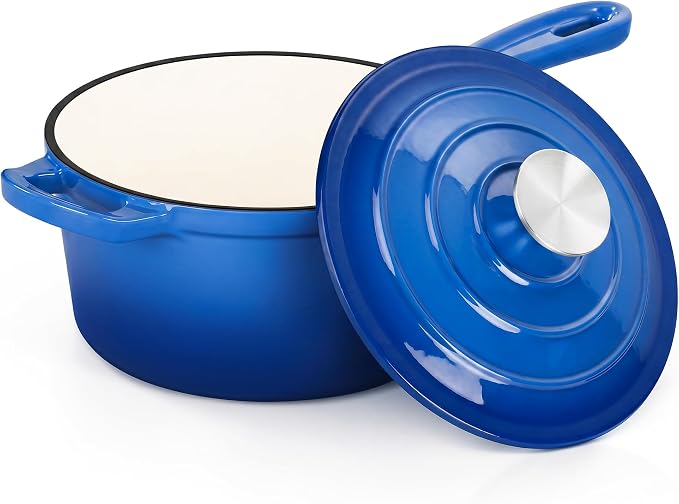E-far Enameled Cast Iron Sauce Pan, 2 Quart Dutch Oven Saucepan with Lid, Small Sauce Pot for Cooking, Boiling, Healthy & Non Toxic, Induction & Oven Safe, Deep Blue