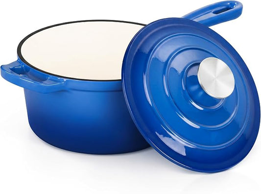 E-far Enameled Cast Iron Sauce Pan, 2 Quart Dutch Oven Saucepan with Lid, Small Sauce Pot for Cooking, Boiling, Healthy & Non Toxic, Induction & Oven Safe, Deep Blue