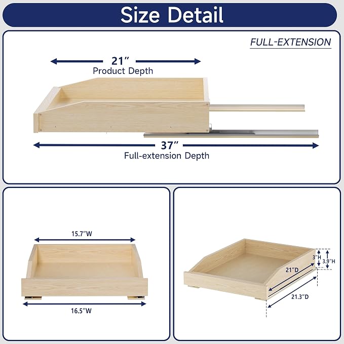 Pull Out Cabinet Organizer 16.5" W x 21" D, Soft Close Slide Out Wood Drawer Shelf for Kitchen Cabinets, Pull Out Cabinet Drawer for Base Cabinet, Pantry and Bathroom Storage, Bottom Mount