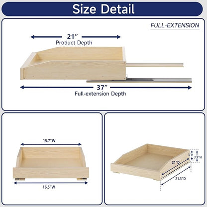 Pull Out Cabinet Organizer 16.5" W x 21" D, Soft Close Slide Out Wood Drawer Shelf for Kitchen Cabinets, Pull Out Cabinet Drawer for Base Cabinet, Pantry and Bathroom Storage, Bottom Mount