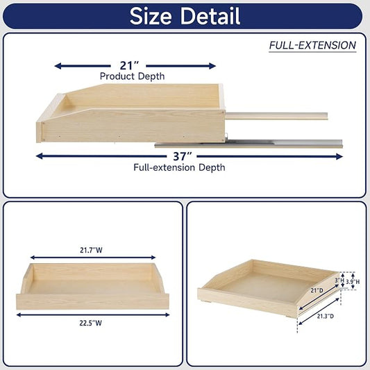 Pull Out Cabinet Organizer 22.5" W x 21" D, Soft Close Slide Out Wood Drawer Shelf for Kitchen Cabinets, Pull Out Cabinet Drawer for Base Cabinet, Pantry and Bathroom Storage, Bottom Mount