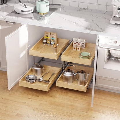 Sikarou Wood Pull Out Cabinet Organizer 2 Tie 11" W x 21" D for 12" Cabinet Opening, Heavy-Duty Sliding Drawers for Inside Cabinets Storage and Organization for Kitchen, Pantry, Bathroom