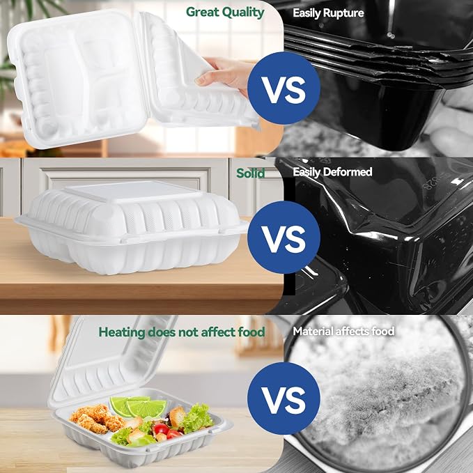 7.8" 30oz 3 Compartment Food Containers - Shrink Wrap Ready to Use | 65 Pack Mineral Filled PP Clamshell | BPA Free Freezer Microwave Safe | Reusable White Lunch Box for Leftovers, Take Out