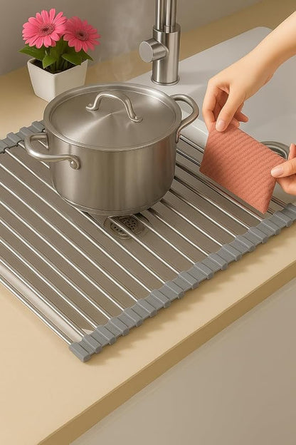 Over Sink Dish Dryng Rack - Roll Up Stainless Stell & Silicone Drying mat, Heat Resistant, Non-Slip & Foldable, Space Saving Kitchen Organizer (17.3"x 15.7")