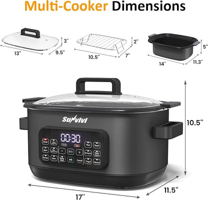 Sunvivi 12-in-1 Multi Cooker, 6.5QT Programmable Slow Cooker with Timer & Temp Control, Auto Warm Setting, Delay Start, Dishwasher Safe Lid & Removable Nonstick Crock, Stainless Steel Rack, Black