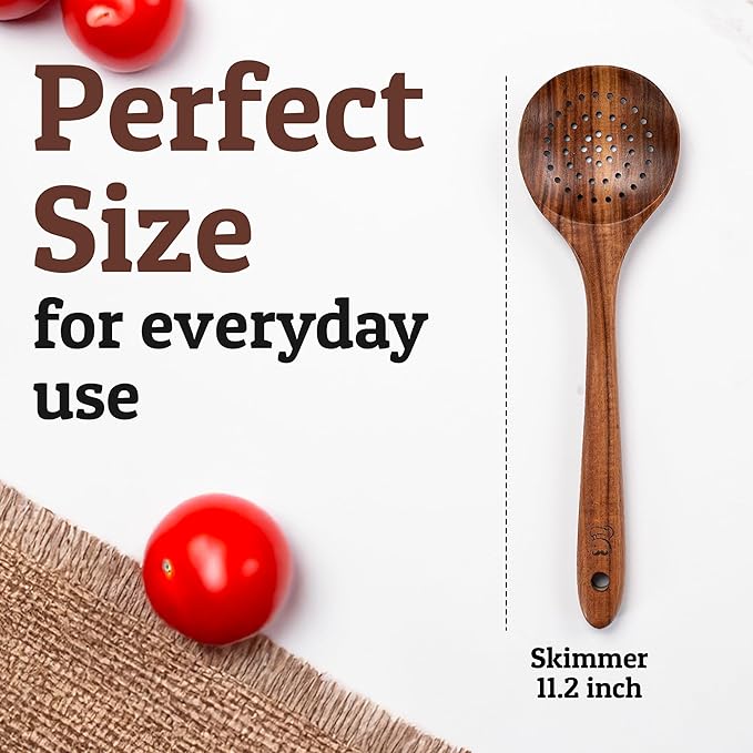 PriorityChef Wooden Slotted Spoon - Premium Teak Cooking Utensil for Frying, Straining & Serving - Long Handle Kitchen Spoon for Nonstick Cookware - Handcrafted Durable Wood