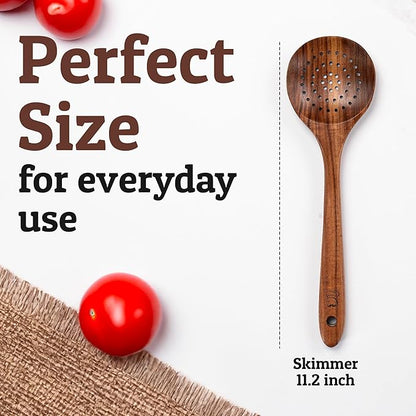 PriorityChef Wooden Slotted Spoon - Premium Teak Cooking Utensil for Frying, Straining & Serving - Long Handle Kitchen Spoon for Nonstick Cookware - Handcrafted Durable Wood