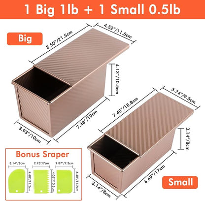 Beasea Pullman Loaf Pan with Lid, 2 Pack Non-Stick Bread Loaf Pans for Homemade Bread 1 lb & 0.5 lb Carbon Steel Bread Toast Box with Dough Scraper for Bread Toast Oven Baking - Rose Gold