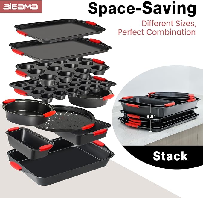 BIEAMA 13-Piece Baking Pans Sets, Nonstick Bakeware Sets, BPA-Free Carbon Steel Stackable, Cookie Sheet, Cake, Loaf, Pizza & Muffin Pan, Grey