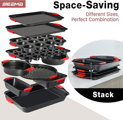 BIEAMA 13-Piece Baking Pans Sets, Nonstick Bakeware Sets, BPA-Free Carbon Steel Stackable, Cookie Sheet, Cake, Loaf, Pizza & Muffin Pan, Grey