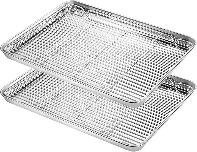 Baking Sheet with Cooling Rack Set (2 Pans + 2 Racks), Yododo Stainless Steel Baking Pan Cookie Sheet Cookie Pan with Rack, Size 16 x 12 x 1 Inch, Mirror Finish & Non Toxic & Heavy Duty & Easy Clean