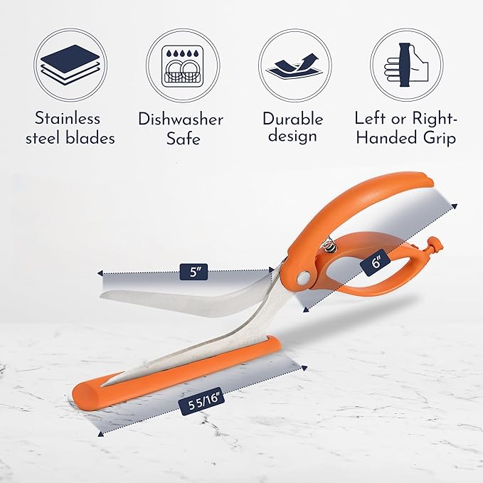 Orange Pizza Scissors - Non-Stick Pizza Scissors with Firm Grip Base - Food Grade Stainless Steel Pizza Cutter - 5-in-1 Food Slicer & Pizza Server - Durable, Safe & Mess Free