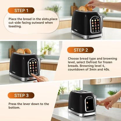 RONGBEST Retro 2 Slice Toaster with Stainless Steel Wide Slot Touch Screen for Family Breakfast, 6 Browning Levels, Reheat & Defrost Bagel and Bread, Removable Crumb Tray, Jet Black