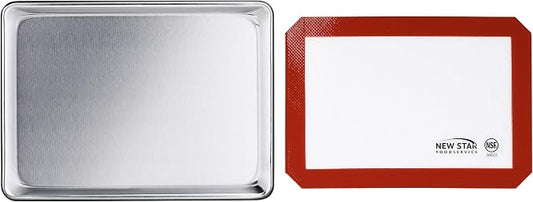 New Star Foodservice Commercial 18-Gauge Aluminum Sheet Pan & Silicone Baking Mat Set, 9 x 13 inch (Quarter Size)