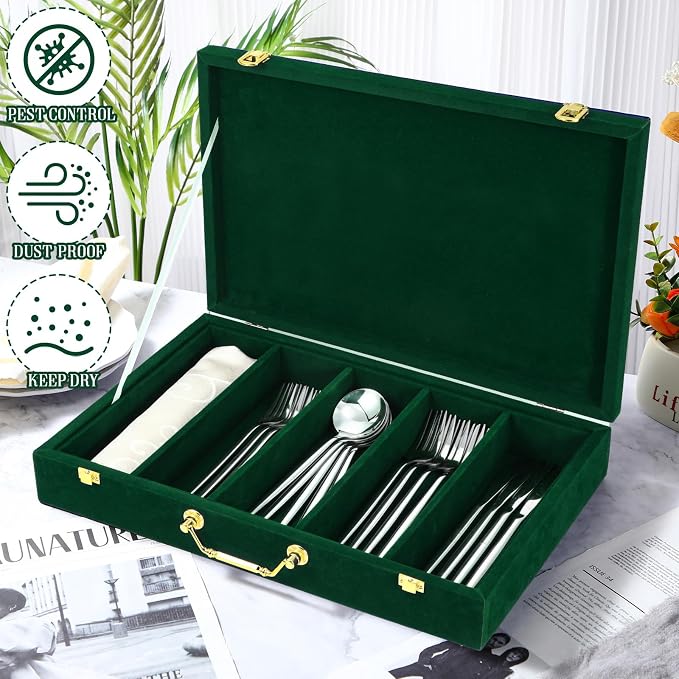 Pickmesh Silverware Case with Lid and Handle, Silverware Storage Box Sterling Silver Flatware Chest Without Silver Tarnish Proof Utensils Organizer for Kitchen Decor Wedding Gifts(Emerald,1 Layer)