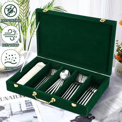 Pickmesh Silverware Case with Lid and Handle, Silverware Storage Box Sterling Silver Flatware Chest Without Silver Tarnish Proof Utensils Organizer for Kitchen Decor Wedding Gifts(Emerald,1 Layer)