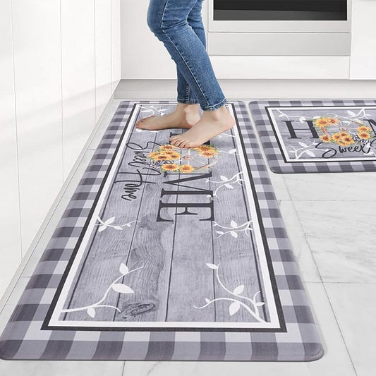 Carvapet Kitchen Floor Mats 2Pcs, Anti Fatigue Kitchen Rugs and Mats Farmhouse Plaid Home Non-Skid Cushioned Floor Comfort Mat for Kitchen, Doorway, Sink, Laundry, 17"x27"+17"x47"
