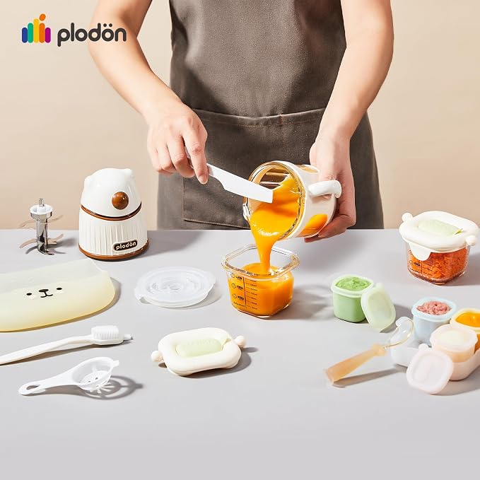 Baby Food Maker Set with 316 Steel Blades & Glass Bowl, White Baby Food Blender with A Feeding Spoon, A Bib, 4 Separate Food Ice Cube Trays and Two 7oz Food Storage