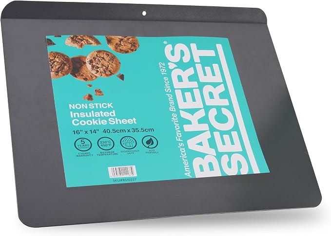 Baker's Secret 1pc Insulated Cookie Sheet Cookie Tray 16" x 14", Carbon Steel Insulated Double Wall, for Baking Roasting Cooking, Dishwasher Safe Home Baking Supplies PFOA, PFOS, PFAS, PTFE free