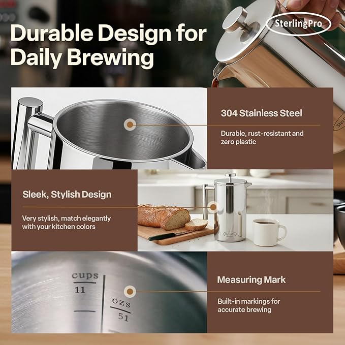 SterlingPro Large Insulated Stainless Steel French Press Coffee Maker 51oz – Insulated Metal Big Double Wall Coffee Maker | Plastic Free | Cool-Touch | Mirror Finish | Makes up to 11 cups / 6 mugs