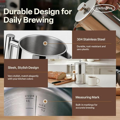 SterlingPro Large Insulated Stainless Steel French Press Coffee Maker 51oz – Insulated Metal Big Double Wall Coffee Maker | Plastic Free | Cool-Touch | Mirror Finish | Makes up to 11 cups / 6 mugs