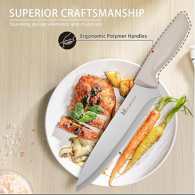 Knife Set, Howashin 6-Piece Khaki Professional Stainless Steel Knives for Kitchen with Universal Knife Block - Non-Stick Sharp Blade Chef Knife Set with Cylindrical Knife Block for Gift.