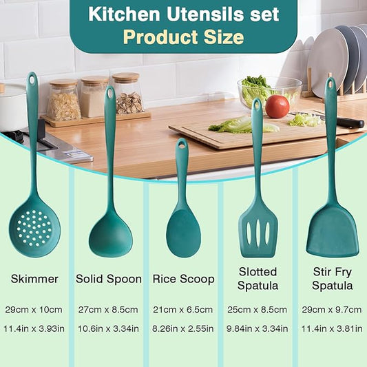 5-Piece Silicone Cooking Utensil Set, Food Grade Non-Stick Spatula and Ladle Set for Kitchen - Dishwasher Safe, Heat Resistant, Easy to Clean (Deep Green)