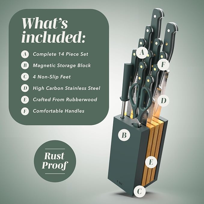 COOK WITH COLOR 14 Pieces Kitchen Knife Block Set, Knives for Kitchen, Forged Cutlery with Razor-Sharp High Carbon Steel Blades, Magnetic Block