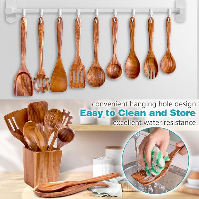 HOWHONG Wooden Spoons for Cooking, Premium Acacia Wood Kitchen Utensil Set, Handmade Wooden Utensils for Nonstick Cookware, Heat Resistant, Smooth Finish, Comfortable Grip, with Holder, Gift Ready