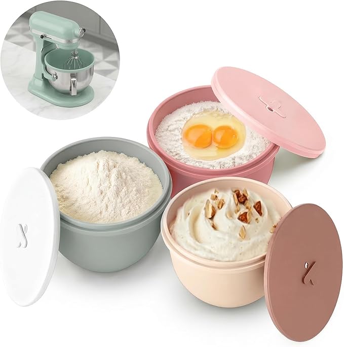 3-Pack Silicone Bowl Liners with Lids for KitchenAid 6-Qt Bowl-Lift Bowls Only, 2mm Extra-Thick Premium Silicone, Built-In Air Vents for Dough Proofing, Dishwasher Safe, BPA-Free