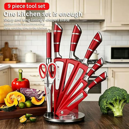 Kitchen Knife Set, 9-Piece Red Kitchen Knife Set with Acrylic Block, Non Stick Sharp High Carbon Stainless Steel Knife Set for Kitchen Cutting Meat Slicing Chopping Kitchen Gifts for Women (Red)