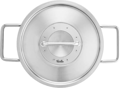 Fissler Pure Collection 6-Piece Stainless Steel Saucepan Set with Metal Lids (3 Saucepans, 1 Stewing Pan 1 Saucepan 1 Stainless Steel Care) - Induction, Silver