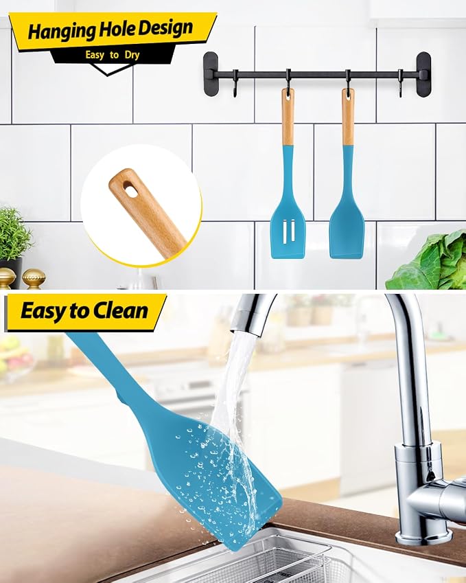 Pack of 2 Large Silicone Cooking Spoons, Heat Resistant Non Stick Kitchen Utensils with Wooden Handle, Ideal for Mixing, Stirring, Serving, Cooking(BLUE)