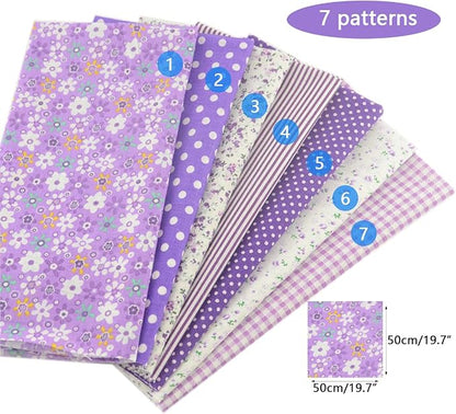 100% Cotton Patchwork Quilting Fabric - 7 Piece Lot (20"X20"), Breathable Fabric for Sewing, DIY Artcraft - Purple Pretty Floral Pattern, Material for Quilting