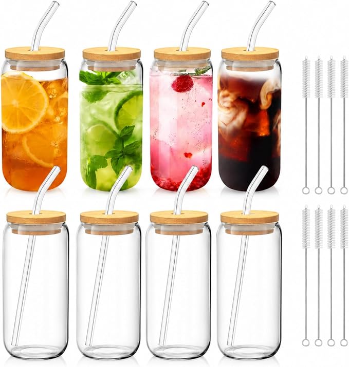 Glass Cups with Lids and Straws Set of 8, 16 oz Can Glasses with Bamboo Lids and Glass Straws, Iced Coffee Cups for Coffee Bar, Cold Brew, Matcha, Soda and Daily Drinks