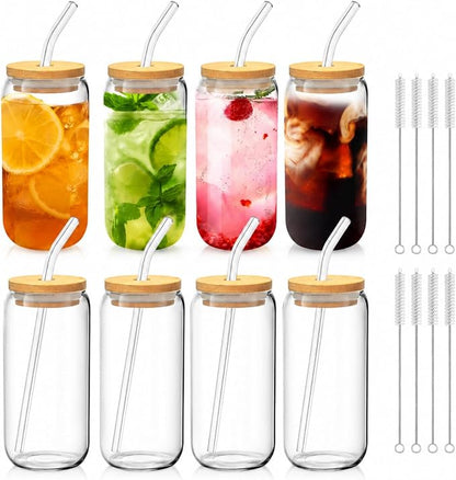 Glass Cups with Lids and Straws Set of 8, 16 oz Can Glasses with Bamboo Lids and Glass Straws, Iced Coffee Cups for Coffee Bar, Cold Brew, Matcha, Soda and Daily Drinks