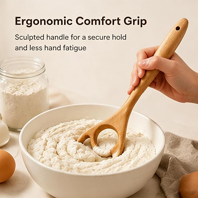 Wooden Danish Dough Whisk Set, 12.6” Seamless Dough Whisk for Sourdough Bread, Wood Mixing Tools for Non-Stick Cookware, Dutch French Whisks for Cooking, Mixing Batter, Crème, Sauce & Egg