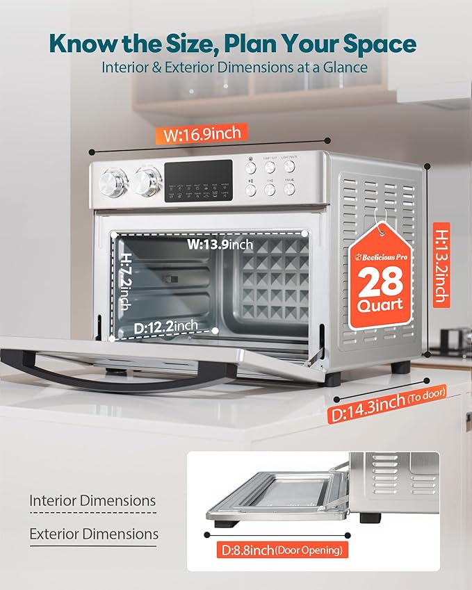28QT Air Fryer Toaster Oven Combo, Large 12-in-1 Convection Countertop Oven with Next-Gen HeatWave Convection, 3-Layer Cooking, Rotisserie for Chicken, Fits 11" Pizza, All Accessories, Stainless Steel