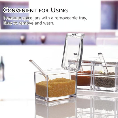 V·RESOURCING Clear Seasoning Box, 3 Pieces Seasoning Rack Spice Pots Storage Container for Spice Salt Sugar Cruet Liquid,Condiment Jars with 3 Spoons