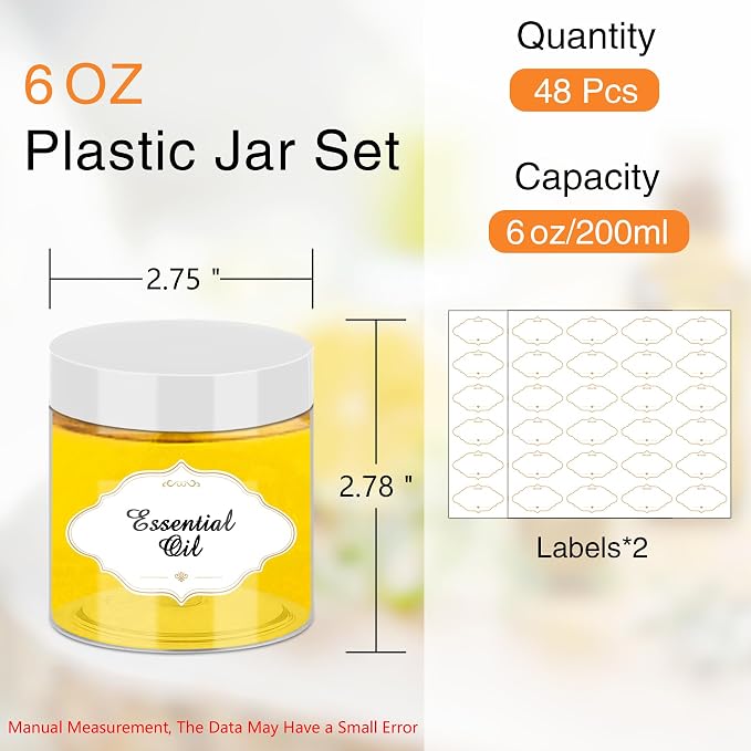 PeacePeo Plastic Jars 6 OZ, 48 Pcs Plastic Jars with Lids Round Wide Mouth Slime Containers with White Lids Empty Small Storage Jar for Travel, Home Kitchen Food, Arts Crafts