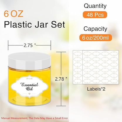 PeacePeo Plastic Jars 6 OZ, 48 Pcs Plastic Jars with Lids Round Wide Mouth Slime Containers with White Lids Empty Small Storage Jar for Travel, Home Kitchen Food, Arts Crafts