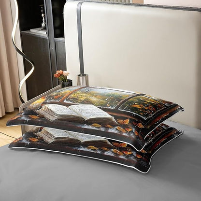 Reading Book Theme 100% Natural Cotton Duvet Cover Set Maple Leaves Comforter Cover Set King Size for Bedroom Decor Rustic Farmhouse Bedding Set 3 PCS,Comforter Not Included