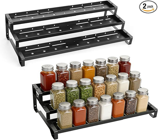 SANKEU Expandable Spice Rack Organizer for Cabinet 3 Tiered Metal Seasoning Organization with Guardrails Spice Shelf Storage for Jars Adjustable Length 13"-21" Black 2Pack