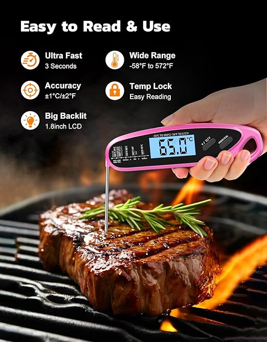 Instant Read Meat Thermometer Digital with Dual Probe & Large Backlit, Food Thermometer for Cooking & Grilling, for Candy/Baking/Oven/BBQ/Grill/Smoker, Pink Kitchen Accessories, Gifts for Women