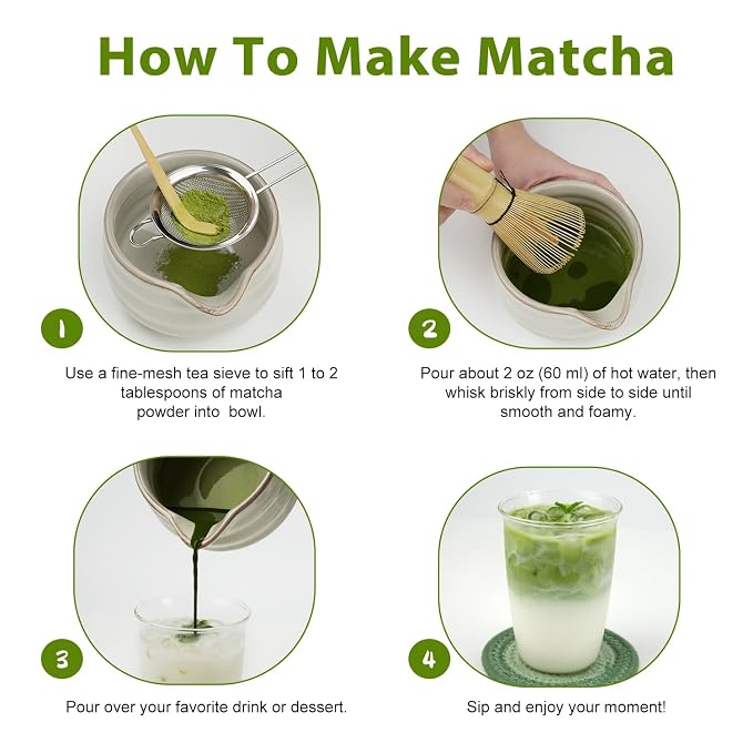 Soeos Matcha Powder, 2oz with 7-Piece Premium Matcha Starter Set - Includes Authentic Bamboo Whisk (Chasen), Ceramic Matcha Bowl (Chawan), Whisk Stand, Sifter, Scoop, and Scoop Rest