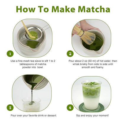 Soeos Matcha Powder, 2oz with 7-Piece Premium Matcha Starter Set - Includes Authentic Bamboo Whisk (Chasen), Ceramic Matcha Bowl (Chawan), Whisk Stand, Sifter, Scoop, and Scoop Rest