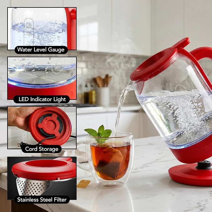 OVENTE Electric Kettle with 1.5L Borosilicate Glass, 1500W Fast Boiling Water Heater for Coffee or Tea, Easy to Fill Lid, Auto Shut-Off, Boil-Dry Protection & Stainless Steel Filter, Red KG516R